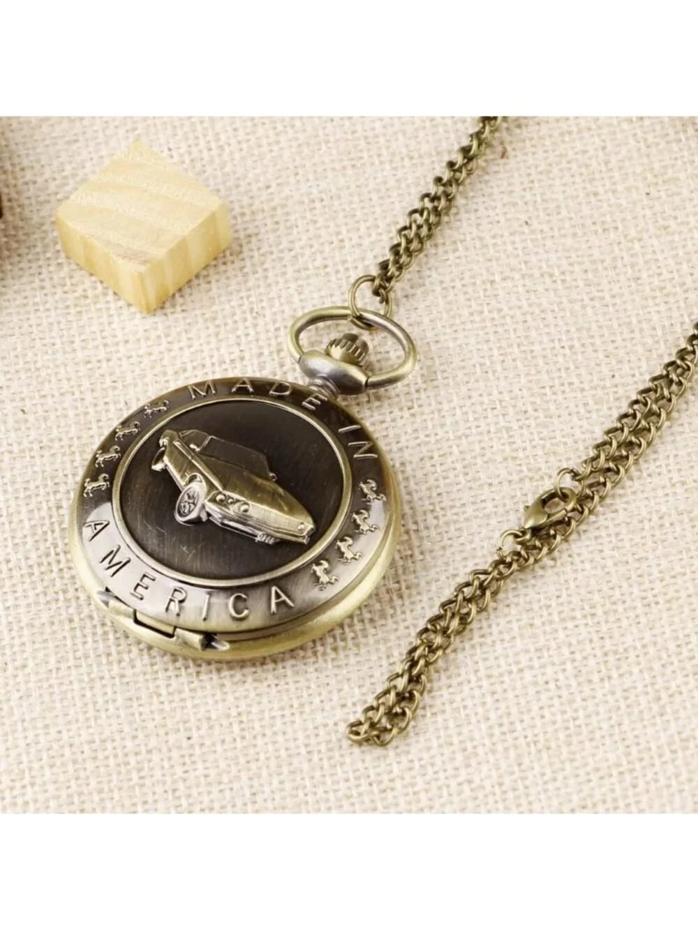 Men's Brown Analog Quartz Car Shape Pendant Necklace Round Case Pocket Watch